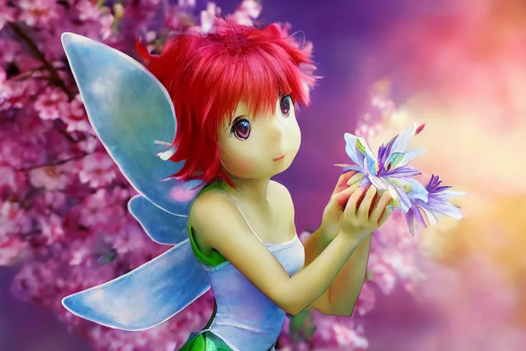 Image similar to (small anime Tinkerbell) kissing a big flower, hyper realism, macro shot