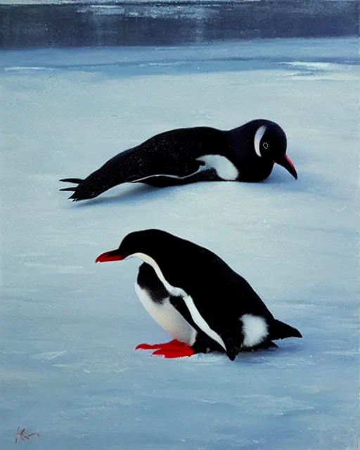 Prompt: a penguin sliding on the ice floe, red lighting, oil painting, art by ruan jia
