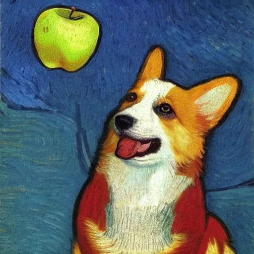 Prompt: corgi with an apple on its head, 4 k, by van gogh, realistic, high detail, concept art