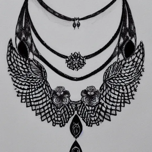 Image similar to black and white opulent necklace neckline feminine tattoo sketch with jewels and birds on paper