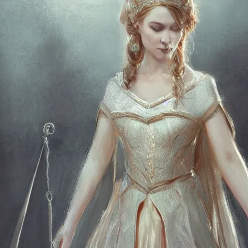 Image similar to Princess at a royal banquet, elegant dress, intricate, matte, 8K, warm lighting, large staircase, royalty, ultra detail, medieval-fantasy, concept art, cinematic, art by Leesha Hannigan and Greg Rutkowski, beautiful face, high detailed facial features, masterpiece, award-winning