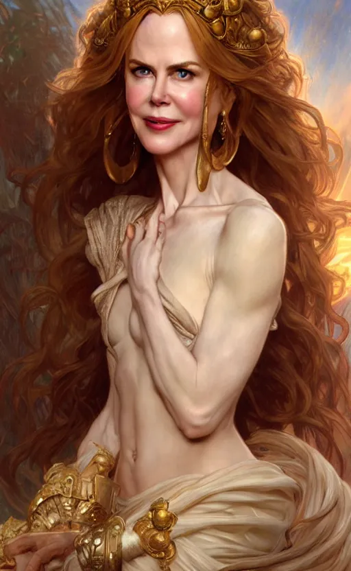 Prompt: portrait of nicole kidman as the goddess circe, greek mythology, intricate, headshot, highly detailed, digital painting, artstation, concept art, sharp focus, cinematic lighting, illustration, art by artgerm and greg rutkowski, alphonse mucha, cgsociety