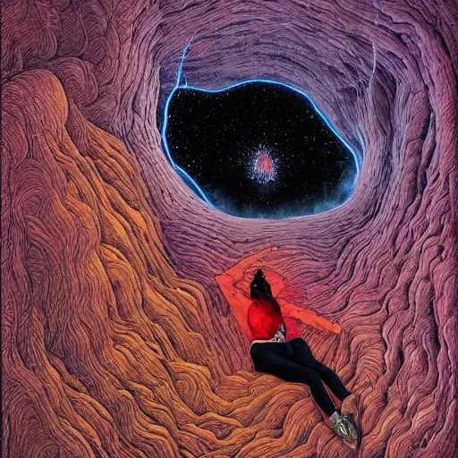 Image similar to woman having stomach ache, in mountain. sending pain into portals, electro magnetic storm over mountain desert. by josan gonzales, highly detailed, vivid color, beksinski painting, junji ito, aleksandra waliszewska, part by genieve figgis, part by norman rockwell