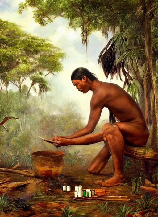 Image similar to a beautiful painting of an indigenous man taking tobacco snuff in the amazonian jungle , fantasy art, matte painting, highly detailed