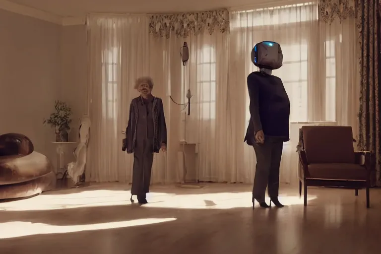 Image similar to VFX movie portrait of happy old woman stand-off with futuristic robot in a decadent living room by Emmanuel Lubezki