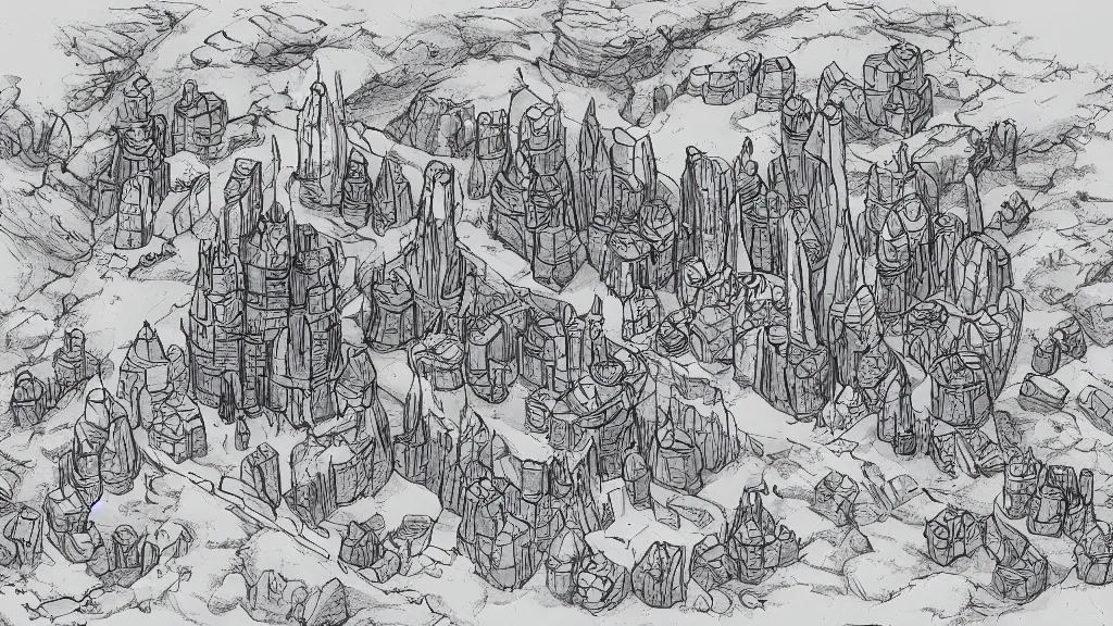 Image similar to Aerial view of a wizard tower next to a few mines and a few caves, lineart, colored