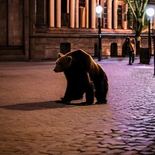 Image similar to a drunk bear in Berlin at night, 8k photography, award winning photo, highly detailed