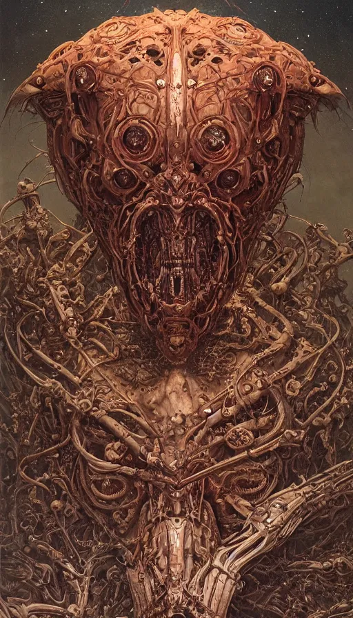 Image similar to Elden Ring and Doom themed painting of biomechanical armored traveller hybrid, intricate artwork by Artgerm, Victo Ngai, Johnatan Wayshak, Zdizslaw Beksinski, Douglas Barlowe, Darius Zawadzki, H.R. Giger, Takato Yamamoto, masterpiece, very coherent artwork, elite, horror, creepy, ominous, haunting, majestic, ephemeral, cinematic, high detail, octane render, unreal engine, 8k, High contrast, golden ratio, trending on cgsociety, ultra high quality model, production quality cinema model