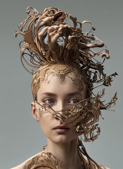 Image similar to sculpture made of wood, portrait, female, future, harper's bazaar, vogue, magazine, intricate, concept art, close up, ornate, luxury, elite, elegant, trending on artstation, by ruan jia, by Kenneth Willardt, by ross tran, by WLOP, by Andrei Riabovitchev,