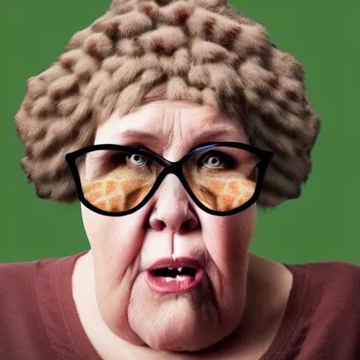 Image similar to a fat grandma turning into a giraffe, vfx, detailed