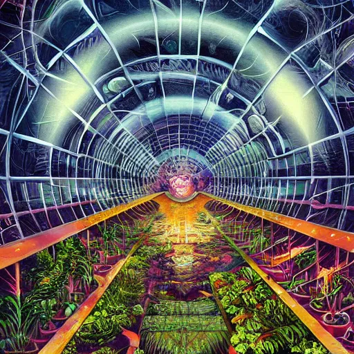 Prompt: a cinematic view of the inside of a fractal combustion engine, large indoor greenhouse with exotic plants, retrofuturism, scifi art, oil on canvas, biodome, stars in the sky above