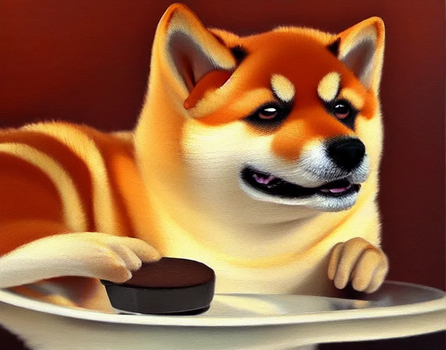 Image similar to a photorealistic painting of a shiba inu as a cheesecake, oil on canvas, highly detailed, pretty