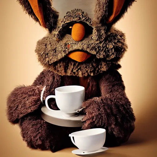 Prompt: a fluffy brown rabbit muppet wearing monk garb and a wolf skull as a mask and sat beside a cup of tea, photorealistic, nature, photography, national geographic, sesame street