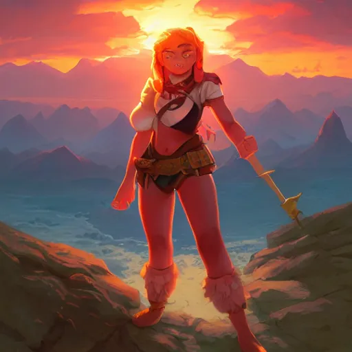 Image similar to female halfling, rouge, dungeons and dragons, sunset, behance hd by jesper ejsing, by rhads, makoto shinkai and lois van baarle, ilya kuvshinov, rossdraws radiating a glowing aura global illumination ray tracing hdr