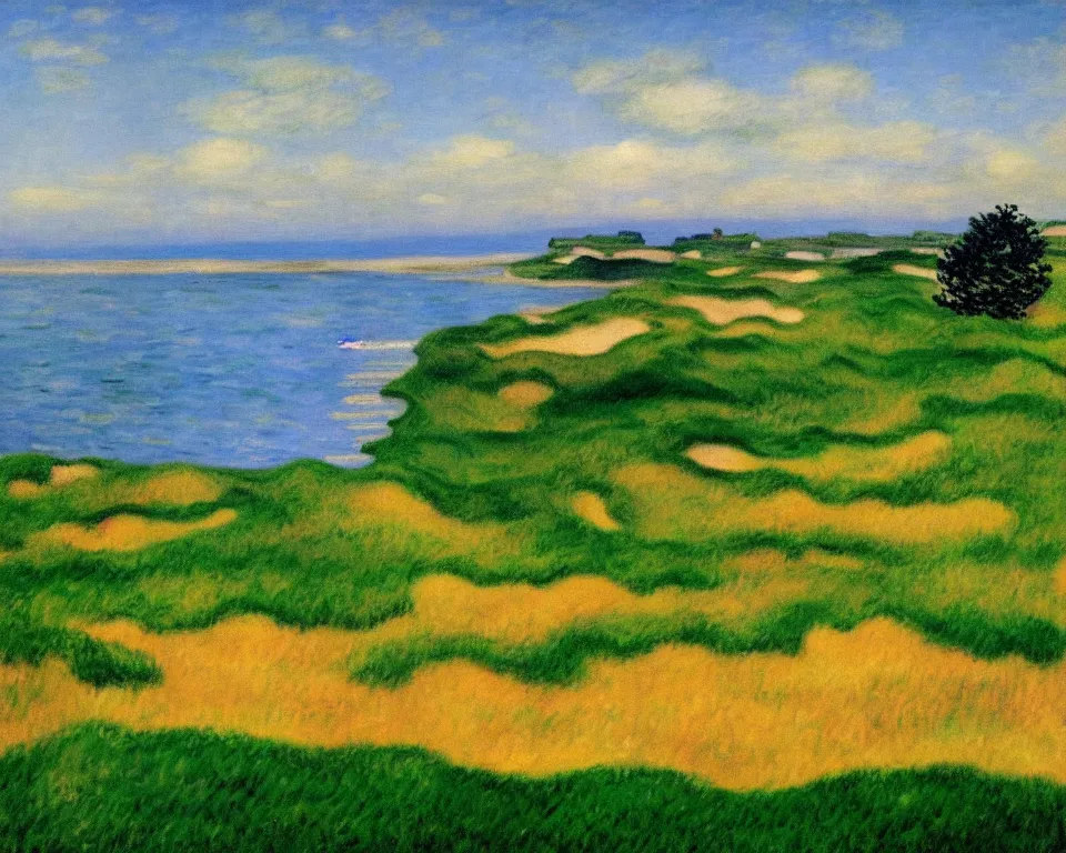 Prompt: achingly beautiful painting of bandon dunes fairway by rene magritte, monet, and turner.