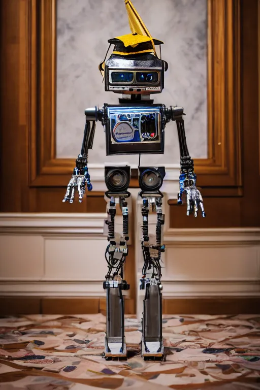 Image similar to a portrait photo of a extremely detailed robot wearing a graduation hat standing in a grand hall. nikon z 9. 5 0 mm, f / 1. 8 photography.