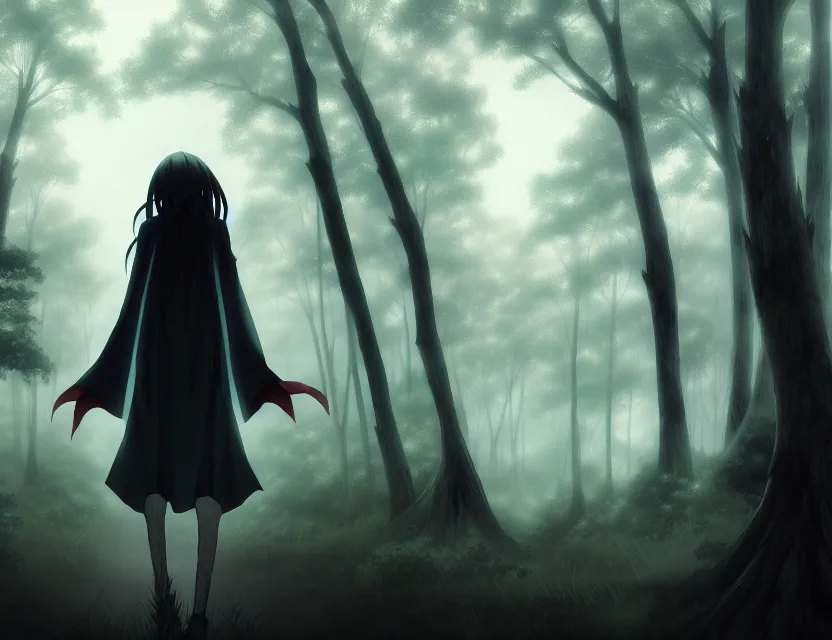 Image similar to a demonic figure coming out of the woods. lots of fog, by nashimanga, anime illustration, anime key visual, beautiful anime - style digital painting by wlop, amazing wallpaper