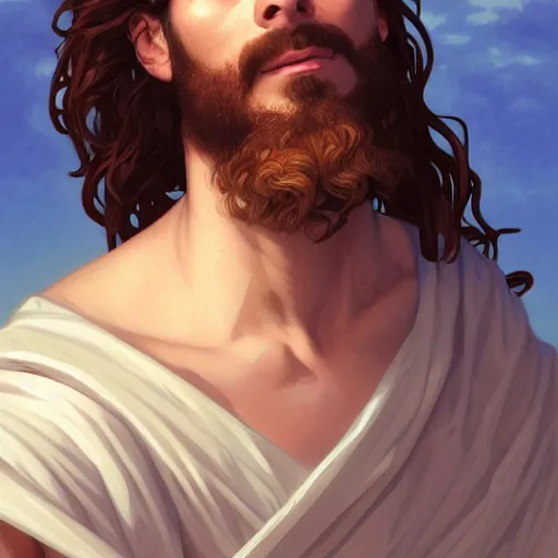 Image similar to a ridiculously good looking jesus that looks like a jewish gigachad, long curly hair, elegant ancient greek dress, very detailed, coast as the background, beautiful, intricate, cinematic, artstation, william bouguereau, alphonse mucha, greg rutkowski, rossdraws, octane render