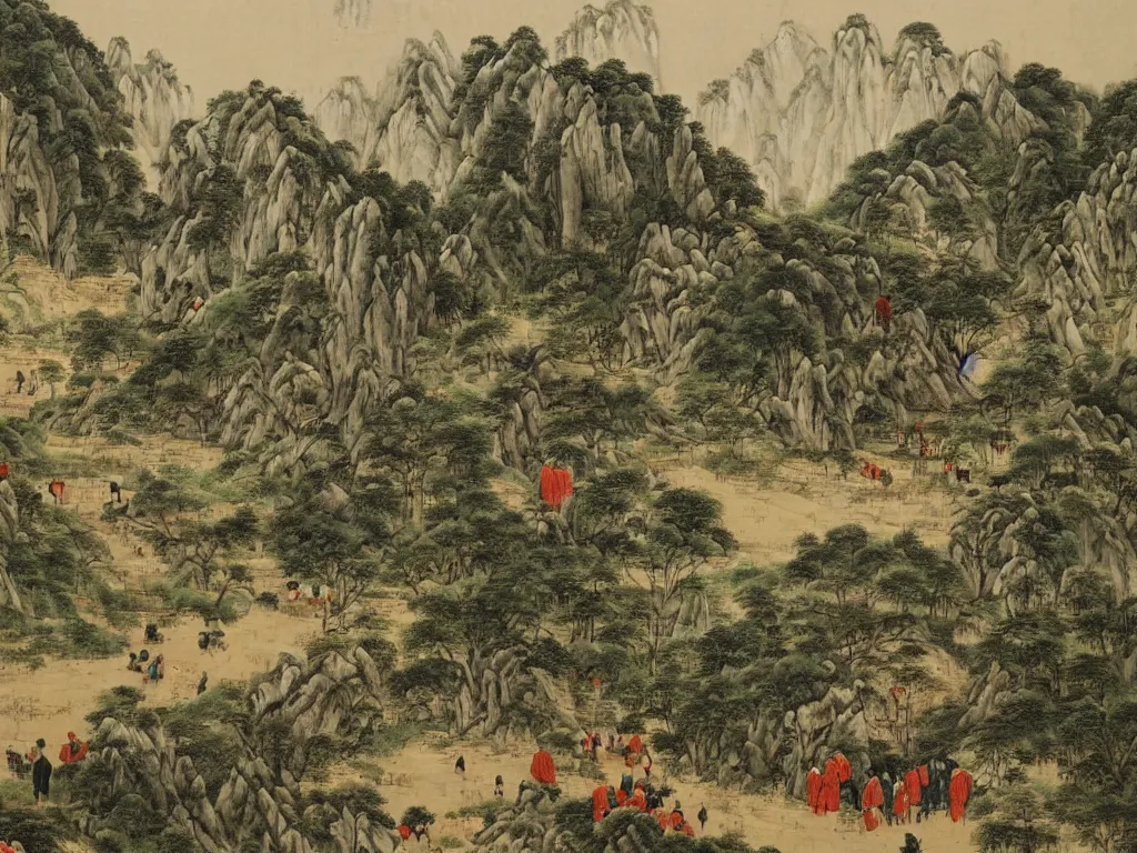 Image similar to landscape painting by huang gongwang, mountains, karst, waterfalls, peasants working, temples, monks roaming, farm animals, ox, long stairs through the hills, ponds