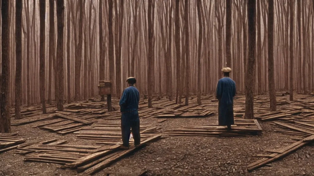 Prompt: a man working in a wood factory made of wood, film still from the movie directed by wes anderson with art direction by zdzisław beksinski and m. c. escher, wide lens