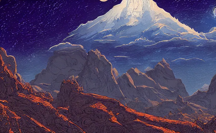 Prompt: mountains, stars and paisley filled sky, artstation, intricate, highly detailed, digital painting, concept art, sharp focus, illustration by Jean Claude Mézières and Charles Williams