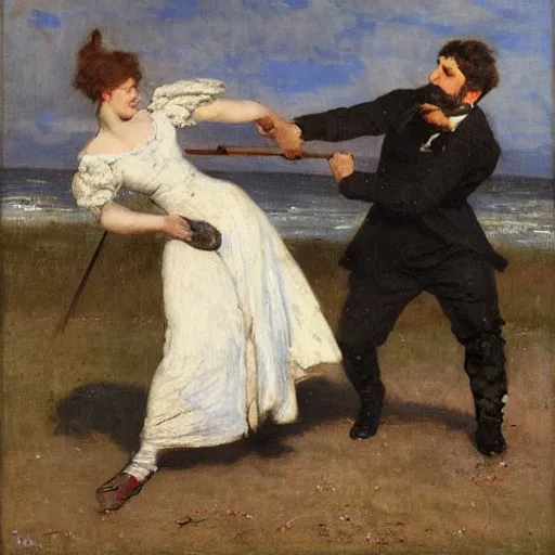 Image similar to man and woman fighting a monster by alfred stevens