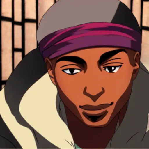 Image similar to Tupac Shakur, screenshot from a 2012s anime