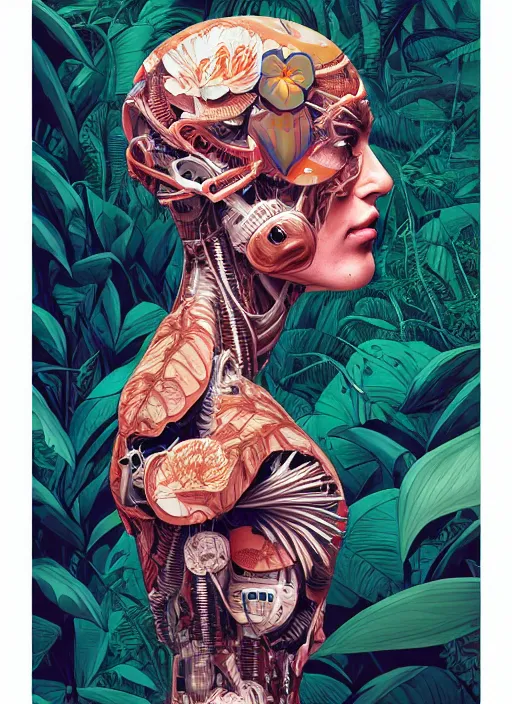 Image similar to gigantic cyborg head, a lot of exotic vegetation, trees, flowers by junji ito, tristan eaton, victo ngai, artgerm, rhads, ross draws, hyperrealism, intricate detailed