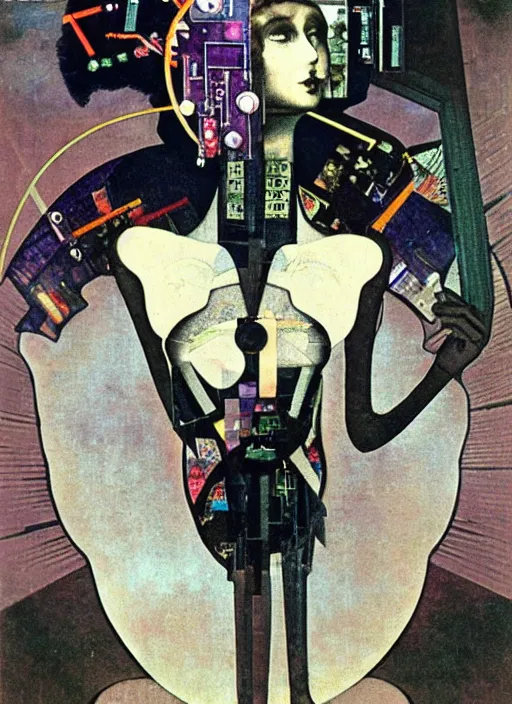 Prompt: cute punk goth fashion fractal alien martian girl with wearing a television helmet and kimono made of circuits and leds, surreal Dada collage by Man Ray Kurt Schwitters Hannah Höch Alphonse Mucha