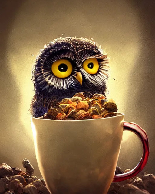 Image similar to long shot of a very cute owl chick nesting in a futuristic mug, esao andrews, humorous illustration, hyperrealistic, big depth of field, warm colors, night scenery, low light, 3 d octane render, 4 k, concept art, hyperdetailed, hyperrealistic, trending on artstation