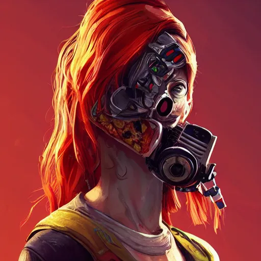 Prompt: skinny pale lady with red hair wearing pizza as a mask, Apex Legends character, digital illustration portrait design, by android jones and greg rutkowski, retrowave color scheme, detailed, cinematic lighting, wide angle action dynamic portrait