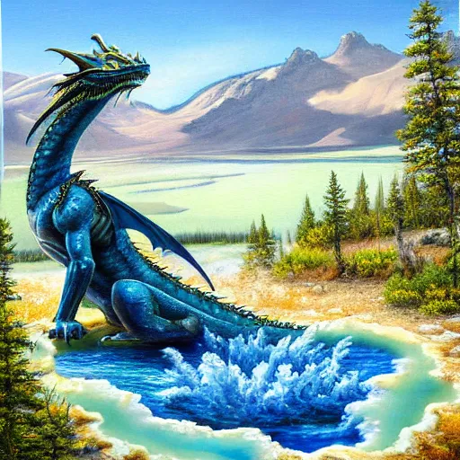 Prompt: dragon emerging from a hotspring at yellowstone national park, highly detailed oil painting
