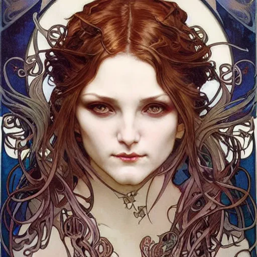 Prompt: realistic detailed face portrait of the Demon Lilith by Alphonse Mucha, Ayami Kojima, Amano, Charlie Bowater, Karol Bak, Greg Hildebrandt, and Mark Brooks, Art Nouveau, Neo-Gothic, gothic, rich deep colors