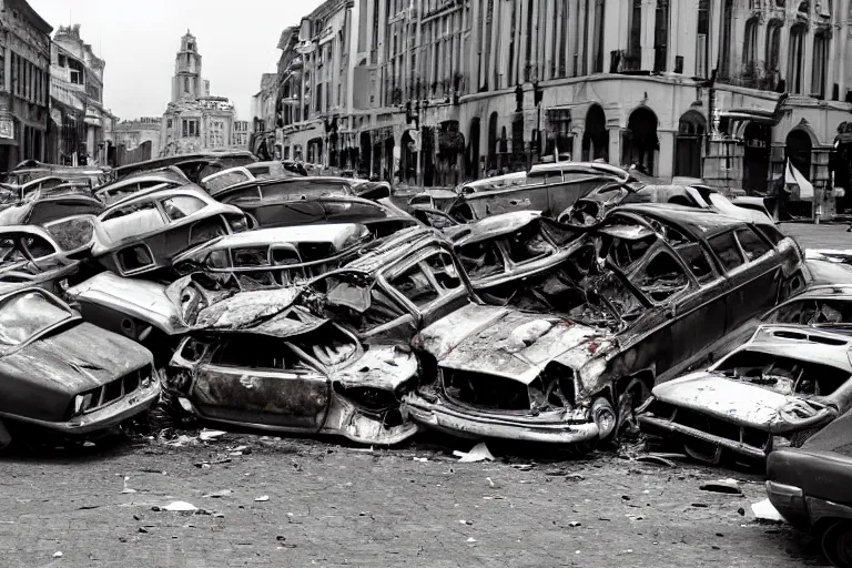 Image similar to pile of wrecked cars in the middle of the square, photo by John Free,