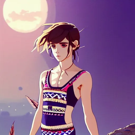 Image similar to a beautiful boyish emma watson alluring instagram model, wearing japanese hiphop aztec leotard outfit with mayan pattern and native style, aztec street fashion bathing suit, botw style, gapmoe yandere grimdark, trending on pixiv fanbox, painted by greg rutkowski makoto shinkai takashi takeuchi studio ghibli, akihiko yoshida