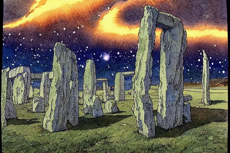 Prompt: hyperrealist studio ghibli watercolor fantasy concept art of a 1 0 0 ft. giant sitting on stonehenge. it is a misty starry night. by rebecca guay, michael kaluta, charles vess