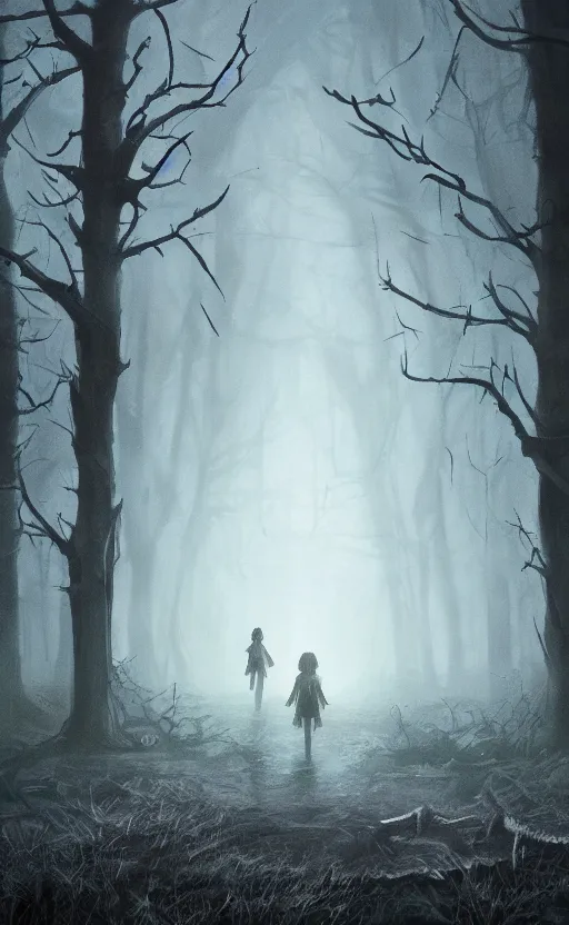 Image similar to dark fantasy concept art of a stranger things inspired landscape, spooky and creepy, with an eery vibe, dynamic lighting, photorealistic, hyper realistic, ultra detailed, ambient lighting, atmospherical, stunning visuals, creative, trending on art station, stunning visuals