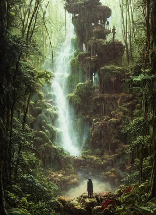 Image similar to a hyper realistic architectural witch shrine under a waterfall in the woods, gorgeous lighting, lush forest foliage, painting by chiara bautista and tom bagshaw, muca beksinski and norman rockwell and greg rutkowski weta studio, and lucasfilm