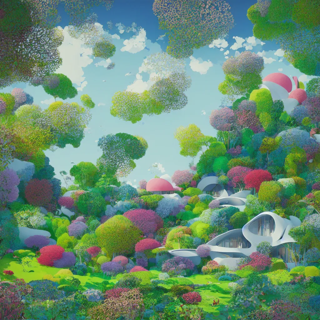 Prompt: garden villa by toyo ito, white sea cloud, summer morning, very coherent and colorful high contrast, art by! gediminas pranckevicius! geof darrow, pastel color, volumetric lighting, cinematic, floralpunk screen printing woodblock, dark shadows, hard lighting, stippling art