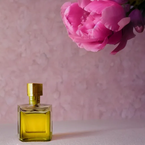 Image similar to perfume bottle sitting on a pile of pale pink and yellow flowers close shot, light pink background, softly - lit, soft - femme, zen, light, modern minimalist f 2 0 clean