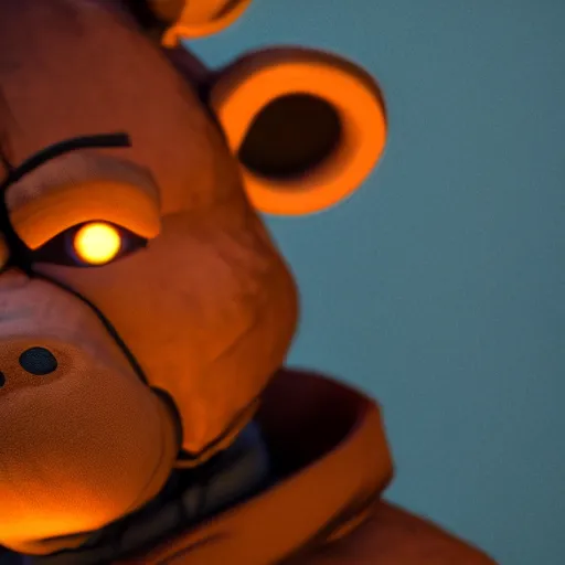 Prompt: A photo of the person in black bear suit, animatronic black Freddy Fazbear with red glowing eyes, 8k, ultra detail, volumetric lighting, unreal engine, octane render, ultra realistic, max quality, epic 35 mm lens shot, photorealism