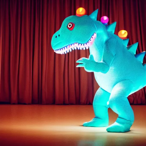 Prompt: soft lighting dinosaur in a ballet tutu dancing on stage