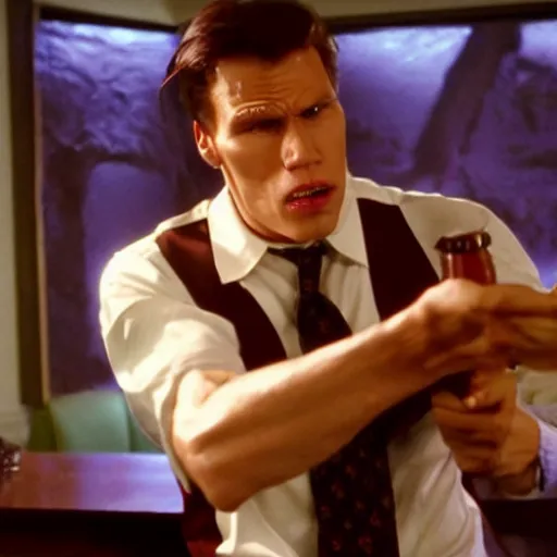 Image similar to Live Action Still of Jerma in Pulp Fiction, real life, hyperrealistic, ultra realistic, realistic, highly detailed, epic, HD quality, 8k resolution, body and headshot, film still