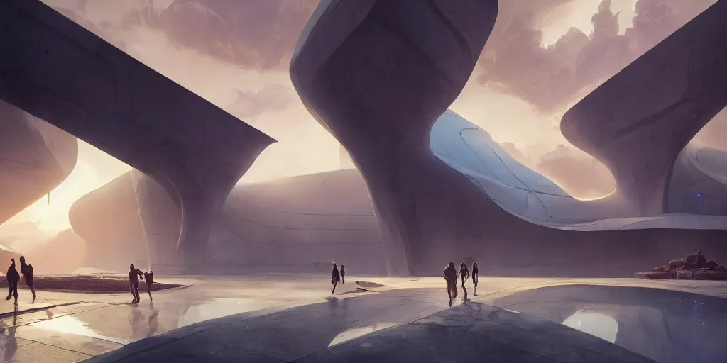 Image similar to the gods meeting at olympus, by tim blandin and arthur haas and bruce pennington and john schoenherr, big windows architecture by zaha hadid, octane render, warm colour scheme, white, cinematic, scenery, cgsociety, modernism, futuristic, trending on artstation, sci - fi, high detail, high quality, close up angle, people walking