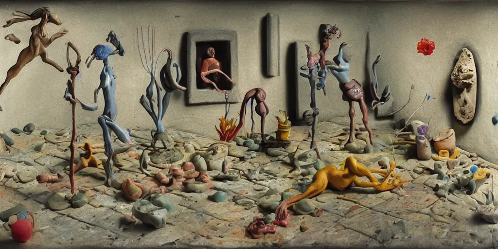 Image similar to plasticine sculpture stop motion. salvador dali clay models. gallery paintings of flowers. water on floor visitors. room with a small hole in wall. john craxton. high detail. photorealistic