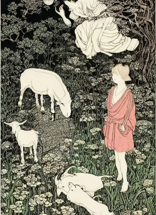 Image similar to boy and girl and a goat in a secret garden, by Vania Zouravliov and Takato Yamamoto, high resolution