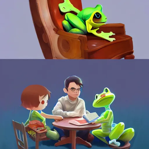 Image similar to froggy chair, chair frog, frog chair, cute, animal crossing, official fanart behance hd artstation by Jesper Ejsing, by RHADS, Makoto Shinkai and Lois van baarle, ilya kuvshinov, rossdraws