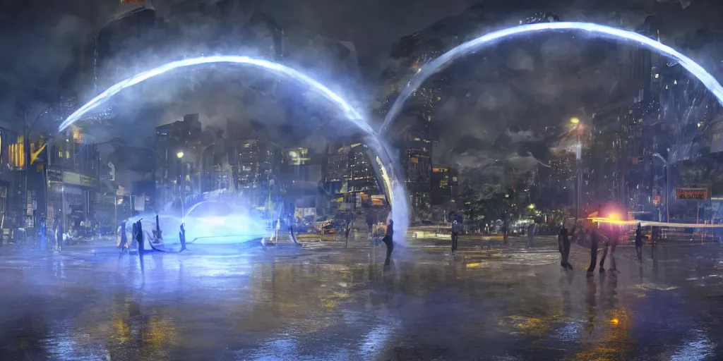 Prompt: policemen protecting a huge orange spiral - shaped bright white luminous attractor that is floating right in the center of the city from protesting people,, rain and light fog, professional lighting, concept art in 3 d, high detail, professional lighting, unreal engine