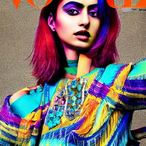 Prompt: colorful portrait photograph of a Pakistani model, editorial story, Vogue France, editorial photographer by Peter Gehrke