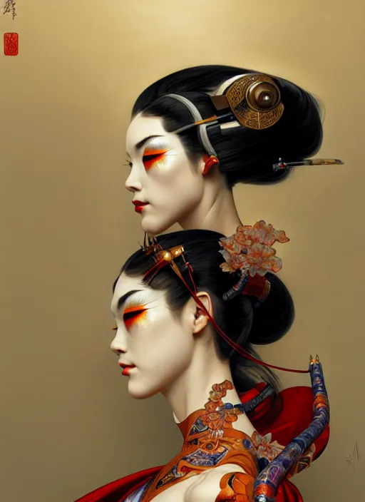 Prompt: cyborg geisha, diffuse lighting, fantasy, intricate, elegant, highly detailed, lifelike, photorealistic, digital painting, artstation, illustration, concept art, smooth, sharp focus, art by John Collier and Albert Aublet and Krenz Cushart and Artem Demura and Alphonse Mucha